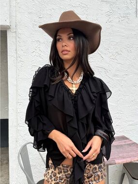 12th Tribe Harlow Black Ruffle Blouse